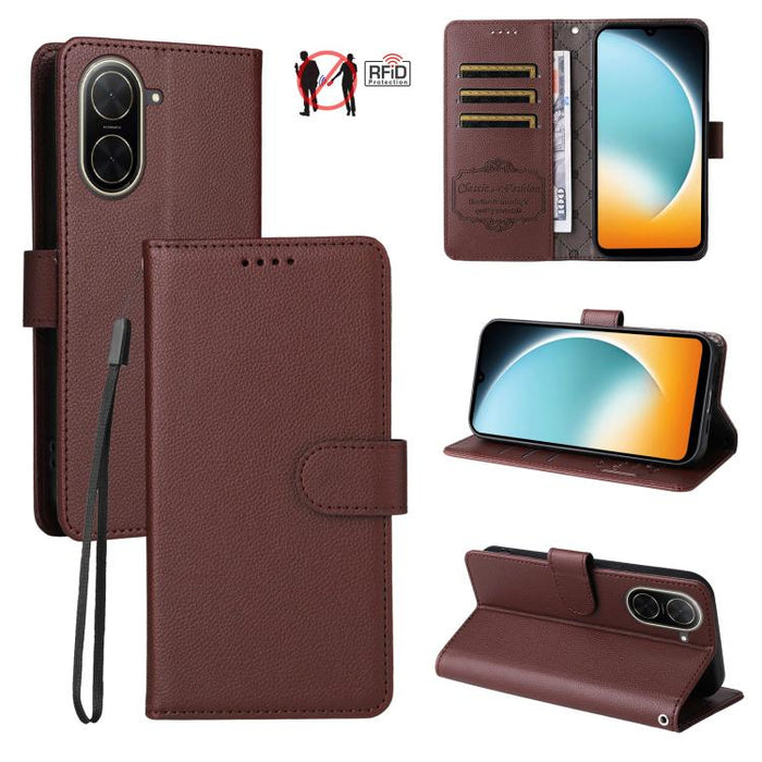 Funda de cuero para teléfono con forma de cartera de 3 tarjetas con bloqueo RFID y textura de lichi, For Redmi K80 / Poco F7 Pro, For Redmi 14C 4G / 5G / 14R / Poco M7, For Redmi Note 14 4G Global 164.84mm, For Redmi Note 14 Pro 5G / 14 Pro+ 5G        ...