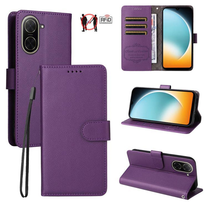 Funda de cuero para teléfono con forma de cartera de 3 tarjetas con bloqueo RFID y textura de lichi, For Redmi K80 / Poco F7 Pro, For Redmi 14C 4G / 5G / 14R / Poco M7, For Redmi Note 14 4G Global 164.84mm, For Redmi Note 14 Pro 5G / 14 Pro+ 5G        ...