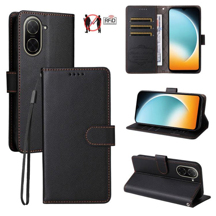 Funda de cuero para teléfono con forma de cartera de 3 tarjetas con bloqueo RFID y textura de lichi, For Redmi K80 / Poco F7 Pro, For Redmi 14C 4G / 5G / 14R / Poco M7, For Redmi Note 14 4G Global 164.84mm, For Redmi Note 14 Pro 5G / 14 Pro+ 5G        ...