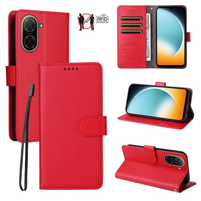 Funda de cuero para teléfono con forma de cartera de 3 tarjetas con bloqueo RFID y textura de lichi, For Redmi K80 / Poco F7 Pro, For Redmi 14C 4G / 5G / 14R / Poco M7, For Redmi Note 14 4G Global 164.84mm, For Redmi Note 14 Pro 5G / 14 Pro+ 5G        ...