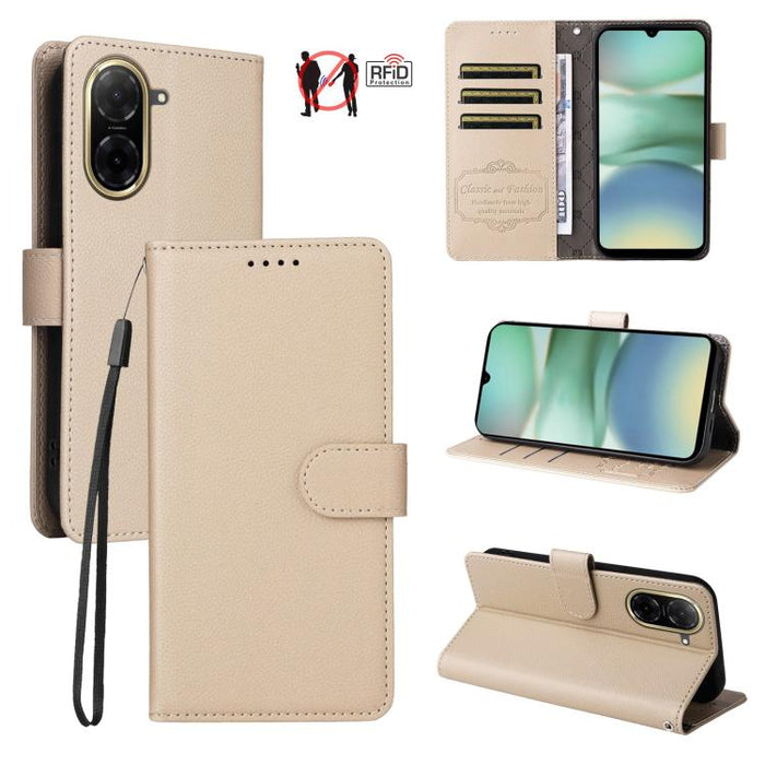 Funda de cuero para teléfono con forma de cartera de 3 tarjetas con bloqueo RFID y textura de lichi, For Redmi K80 / Poco F7 Pro, For Redmi 14C 4G / 5G / 14R / Poco M7, For Redmi Note 14 4G Global 164.84mm, For Redmi Note 14 Pro 5G / 14 Pro+ 5G        ...