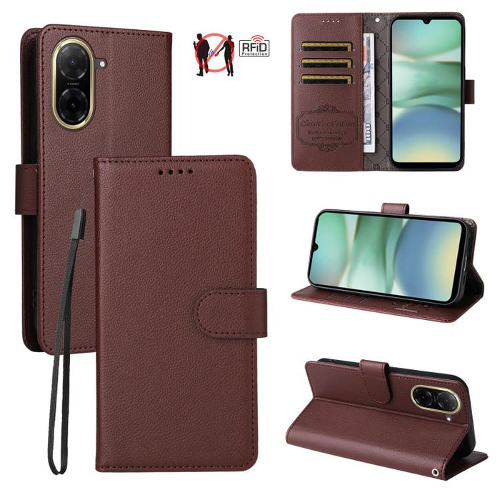 Funda de cuero para teléfono con forma de cartera de 3 tarjetas con bloqueo RFID y textura de lichi, For Redmi K80 / Poco F7 Pro, For Redmi 14C 4G / 5G / 14R / Poco M7, For Redmi Note 14 4G Global 164.84mm, For Redmi Note 14 Pro 5G / 14 Pro+ 5G        ...