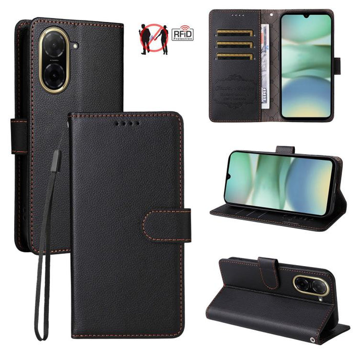 Funda de cuero para teléfono con forma de cartera de 3 tarjetas con bloqueo RFID y textura de lichi, For Redmi K80 / Poco F7 Pro, For Redmi 14C 4G / 5G / 14R / Poco M7, For Redmi Note 14 4G Global 164.84mm, For Redmi Note 14 Pro 5G / 14 Pro+ 5G        ...