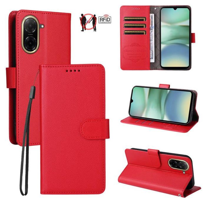 Funda de cuero para teléfono con forma de cartera de 3 tarjetas con bloqueo RFID y textura de lichi, For Redmi K80 / Poco F7 Pro, For Redmi 14C 4G / 5G / 14R / Poco M7, For Redmi Note 14 4G Global 164.84mm, For Redmi Note 14 Pro 5G / 14 Pro+ 5G        ...