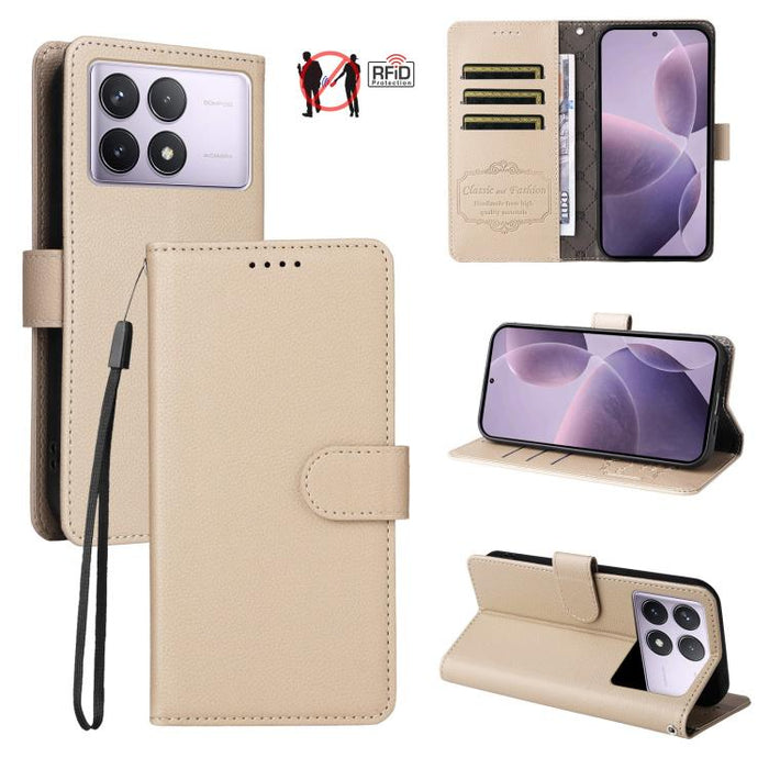 Funda de cuero para teléfono con forma de cartera de 3 tarjetas con bloqueo RFID y textura de lichi, For Redmi K80 / Poco F7 Pro, For Redmi 14C 4G / 5G / 14R / Poco M7, For Redmi Note 14 4G Global 164.84mm, For Redmi Note 14 Pro 5G / 14 Pro+ 5G        ...