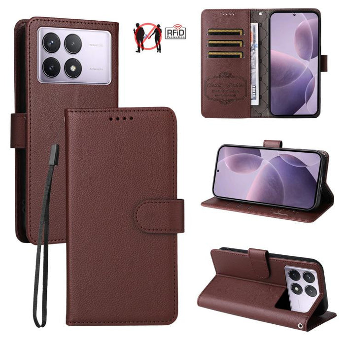 Funda de cuero para teléfono con forma de cartera de 3 tarjetas con bloqueo RFID y textura de lichi, For Redmi K80 / Poco F7 Pro, For Redmi 14C 4G / 5G / 14R / Poco M7, For Redmi Note 14 4G Global 164.84mm, For Redmi Note 14 Pro 5G / 14 Pro+ 5G        ...