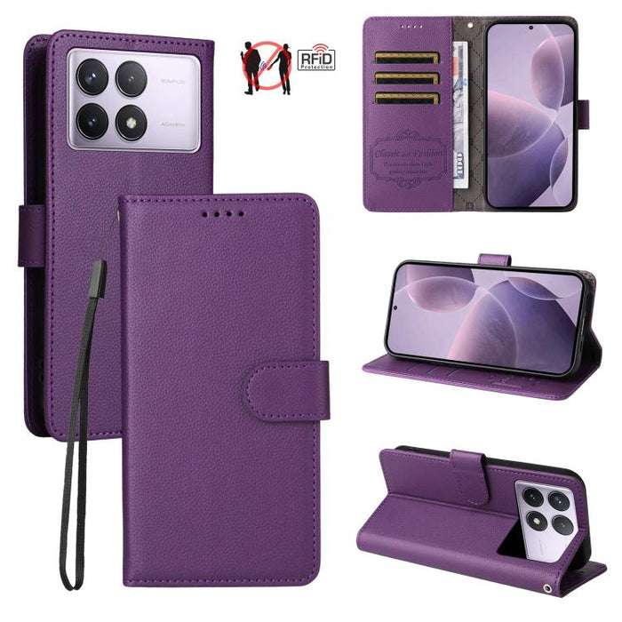 Funda de cuero para teléfono con forma de cartera de 3 tarjetas con bloqueo RFID y textura de lichi, For Redmi K80 / Poco F7 Pro, For Redmi 14C 4G / 5G / 14R / Poco M7, For Redmi Note 14 4G Global 164.84mm, For Redmi Note 14 Pro 5G / 14 Pro+ 5G        ...
