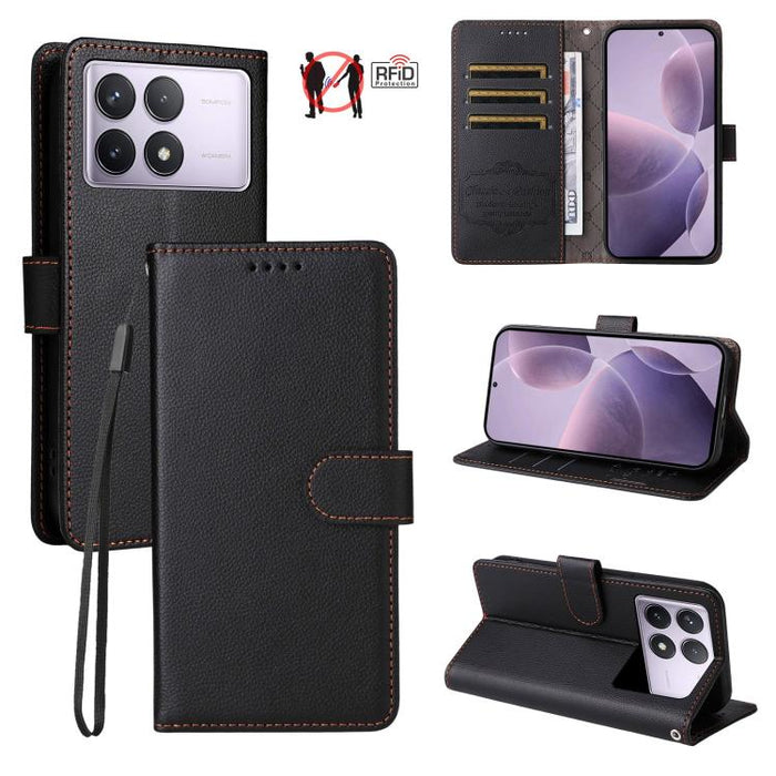 Funda de cuero para teléfono con forma de cartera de 3 tarjetas con bloqueo RFID y textura de lichi, For Redmi K80 / Poco F7 Pro, For Redmi 14C 4G / 5G / 14R / Poco M7, For Redmi Note 14 4G Global 164.84mm, For Redmi Note 14 Pro 5G / 14 Pro+ 5G        ...