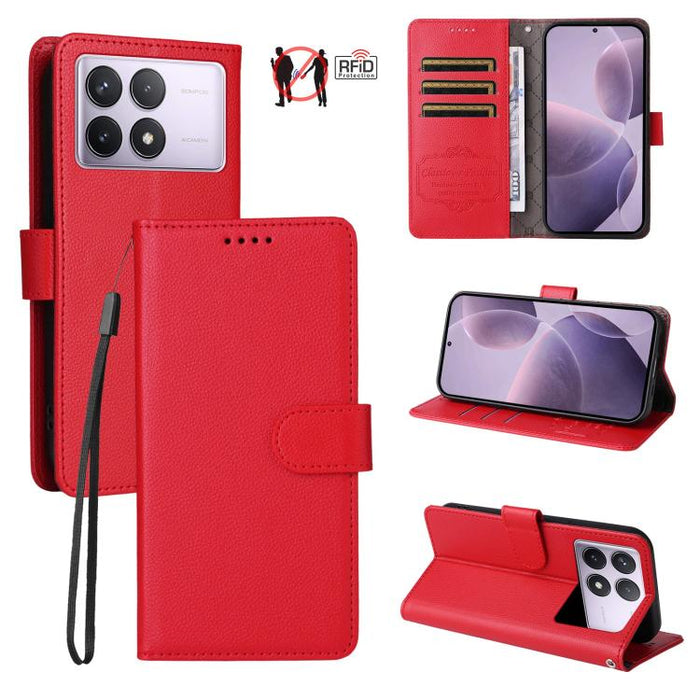 Funda de cuero para teléfono con forma de cartera de 3 tarjetas con bloqueo RFID y textura de lichi, For Redmi K80 / Poco F7 Pro, For Redmi 14C 4G / 5G / 14R / Poco M7, For Redmi Note 14 4G Global 164.84mm, For Redmi Note 14 Pro 5G / 14 Pro+ 5G        ...