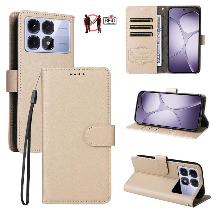 Funda de cuero para teléfono con forma de cartera de 3 tarjetas con bloqueo RFID y textura de lichi, For Redmi K80 / Poco F7 Pro, For Redmi 14C 4G / 5G / 14R / Poco M7, For Redmi Note 14 4G Global 164.84mm, For Redmi Note 14 Pro 5G / 14 Pro+ 5G        ...