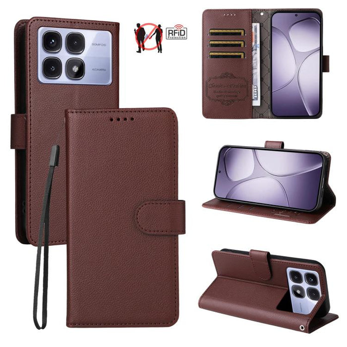 Funda de cuero para teléfono con forma de cartera de 3 tarjetas con bloqueo RFID y textura de lichi, For Redmi K80 / Poco F7 Pro, For Redmi 14C 4G / 5G / 14R / Poco M7, For Redmi Note 14 4G Global 164.84mm, For Redmi Note 14 Pro 5G / 14 Pro+ 5G        ...