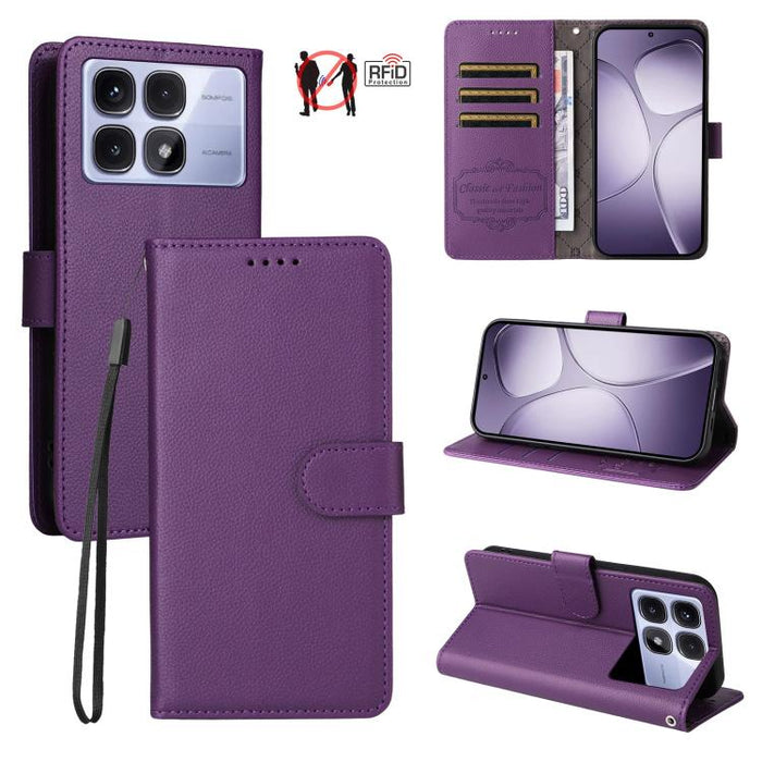 Funda de cuero para teléfono con forma de cartera de 3 tarjetas con bloqueo RFID y textura de lichi, For Redmi K80 / Poco F7 Pro, For Redmi 14C 4G / 5G / 14R / Poco M7, For Redmi Note 14 4G Global 164.84mm, For Redmi Note 14 Pro 5G / 14 Pro+ 5G        ...