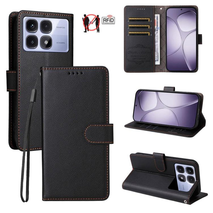 Funda de cuero para teléfono con forma de cartera de 3 tarjetas con bloqueo RFID y textura de lichi, For Redmi K80 / Poco F7 Pro, For Redmi 14C 4G / 5G / 14R / Poco M7, For Redmi Note 14 4G Global 164.84mm, For Redmi Note 14 Pro 5G / 14 Pro+ 5G        ...