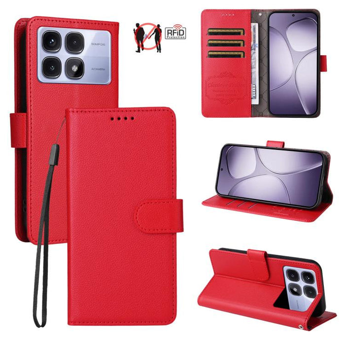 Funda de cuero para teléfono con forma de cartera de 3 tarjetas con bloqueo RFID y textura de lichi, For Redmi K80 / Poco F7 Pro, For Redmi 14C 4G / 5G / 14R / Poco M7, For Redmi Note 14 4G Global 164.84mm, For Redmi Note 14 Pro 5G / 14 Pro+ 5G        ...