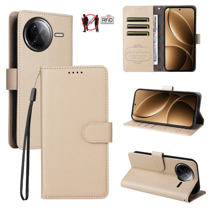 Funda de cuero para teléfono con forma de cartera de 3 tarjetas con bloqueo RFID y textura de lichi, For Redmi K80 / Poco F7 Pro, For Redmi 14C 4G / 5G / 14R / Poco M7, For Redmi Note 14 4G Global 164.84mm, For Redmi Note 14 Pro 5G / 14 Pro+ 5G        ...
