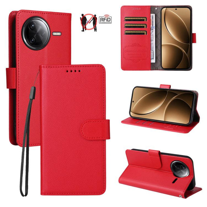 Funda de cuero para teléfono con forma de cartera de 3 tarjetas con bloqueo RFID y textura de lichi, For Redmi K80 / Poco F7 Pro, For Redmi 14C 4G / 5G / 14R / Poco M7, For Redmi Note 14 4G Global 164.84mm, For Redmi Note 14 Pro 5G / 14 Pro+ 5G        ...