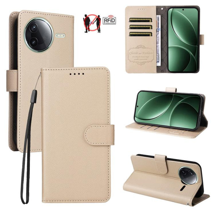 Funda de cuero para teléfono con forma de cartera de 3 tarjetas con bloqueo RFID y textura de lichi, For Redmi K80 / Poco F7 Pro, For Redmi 14C 4G / 5G / 14R / Poco M7, For Redmi Note 14 4G Global 164.84mm, For Redmi Note 14 Pro 5G / 14 Pro+ 5G        ...