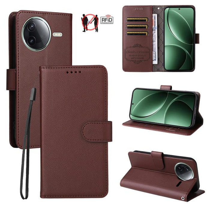 Funda de cuero para teléfono con forma de cartera de 3 tarjetas con bloqueo RFID y textura de lichi, For Redmi K80 / Poco F7 Pro, For Redmi 14C 4G / 5G / 14R / Poco M7, For Redmi Note 14 4G Global 164.84mm, For Redmi Note 14 Pro 5G / 14 Pro+ 5G        ...