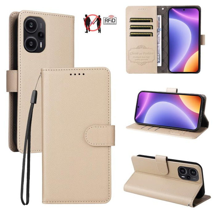Funda de cuero para teléfono con forma de cartera de 3 tarjetas con bloqueo RFID y textura de lichi, For Redmi Note 12 Turbo / Poco F5, For Redmi 12C / 11A / Poco C55, For Redmi 10C / 10 India / 10 Power