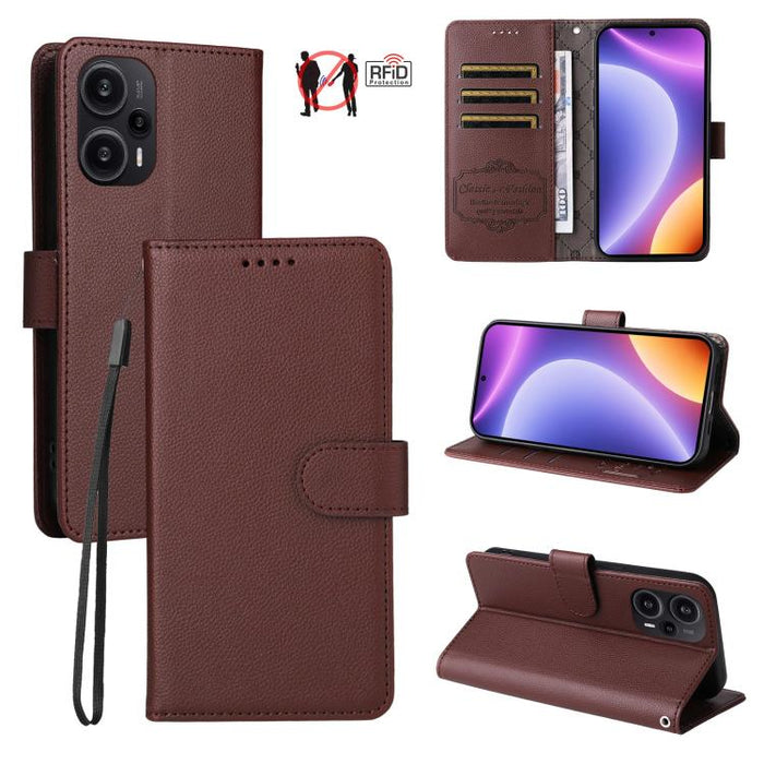 Funda de cuero para teléfono con forma de cartera de 3 tarjetas con bloqueo RFID y textura de lichi, For Redmi Note 12 Turbo / Poco F5, For Redmi 12C / 11A / Poco C55, For Redmi 10C / 10 India / 10 Power