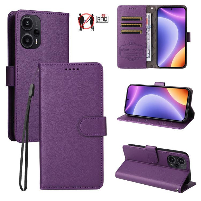 Funda de cuero para teléfono con forma de cartera de 3 tarjetas con bloqueo RFID y textura de lichi, For Redmi Note 12 Turbo / Poco F5, For Redmi 12C / 11A / Poco C55, For Redmi 10C / 10 India / 10 Power