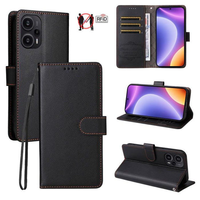 Funda de cuero para teléfono con forma de cartera de 3 tarjetas con bloqueo RFID y textura de lichi, For Redmi Note 12 Turbo / Poco F5, For Redmi 12C / 11A / Poco C55, For Redmi 10C / 10 India / 10 Power