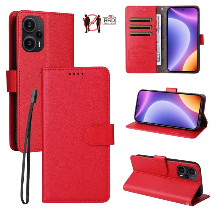 Funda de cuero para teléfono con forma de cartera de 3 tarjetas con bloqueo RFID y textura de lichi, For Redmi Note 12 Turbo / Poco F5, For Redmi 12C / 11A / Poco C55, For Redmi 10C / 10 India / 10 Power