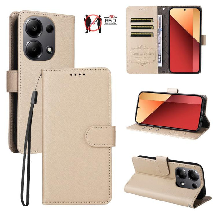Funda de cuero para teléfono con forma de cartera de 3 tarjetas con bloqueo RFID y textura de lichi, For Redmi K80 / Poco F7 Pro, For Redmi 14C 4G / 5G / 14R / Poco M7, For Redmi Note 14 4G Global 164.84mm, For Redmi Note 14 Pro 5G / 14 Pro+ 5G        ...