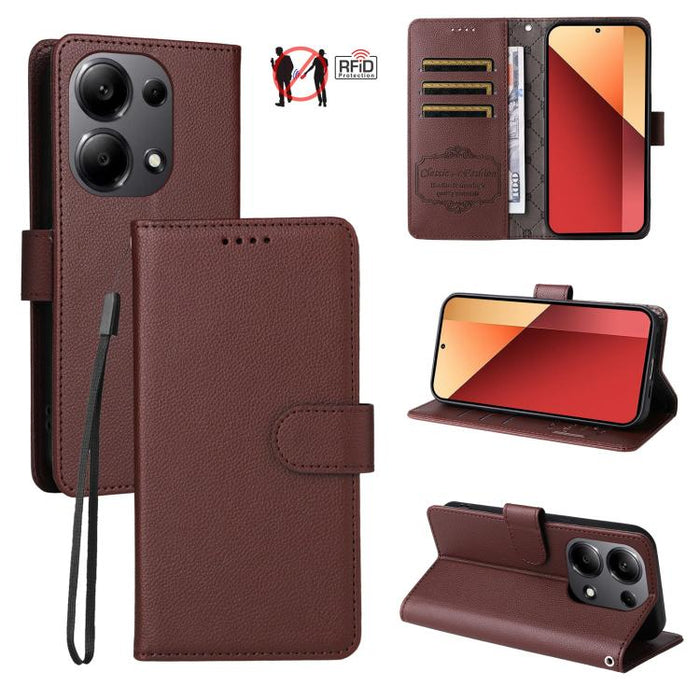 Funda de cuero para teléfono con forma de cartera de 3 tarjetas con bloqueo RFID y textura de lichi, For Redmi K80 / Poco F7 Pro, For Redmi 14C 4G / 5G / 14R / Poco M7, For Redmi Note 14 4G Global 164.84mm, For Redmi Note 14 Pro 5G / 14 Pro+ 5G        ...