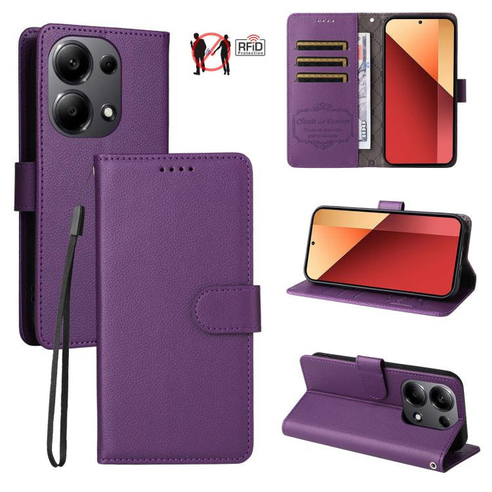 Funda de cuero para teléfono con forma de cartera de 3 tarjetas con bloqueo RFID y textura de lichi, For Redmi K80 / Poco F7 Pro, For Redmi 14C 4G / 5G / 14R / Poco M7, For Redmi Note 14 4G Global 164.84mm, For Redmi Note 14 Pro 5G / 14 Pro+ 5G        ...