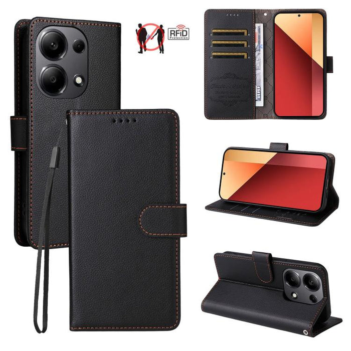 Funda de cuero para teléfono con forma de cartera de 3 tarjetas con bloqueo RFID y textura de lichi, For Redmi K80 / Poco F7 Pro, For Redmi 14C 4G / 5G / 14R / Poco M7, For Redmi Note 14 4G Global 164.84mm, For Redmi Note 14 Pro 5G / 14 Pro+ 5G        ...