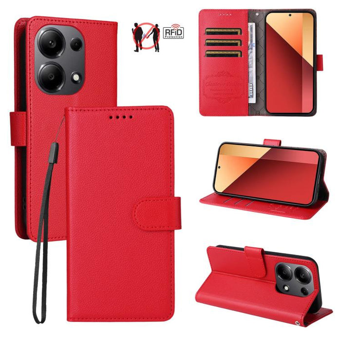 Funda de cuero para teléfono con forma de cartera de 3 tarjetas con bloqueo RFID y textura de lichi, For Redmi K80 / Poco F7 Pro, For Redmi 14C 4G / 5G / 14R / Poco M7, For Redmi Note 14 4G Global 164.84mm, For Redmi Note 14 Pro 5G / 14 Pro+ 5G        ...