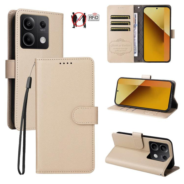 Funda de cuero para teléfono con forma de cartera de 3 tarjetas con bloqueo RFID y textura de lichi, For Redmi Note 12 Turbo / Poco F5, For Redmi 12C / 11A / Poco C55, For Redmi 10C / 10 India / 10 Power