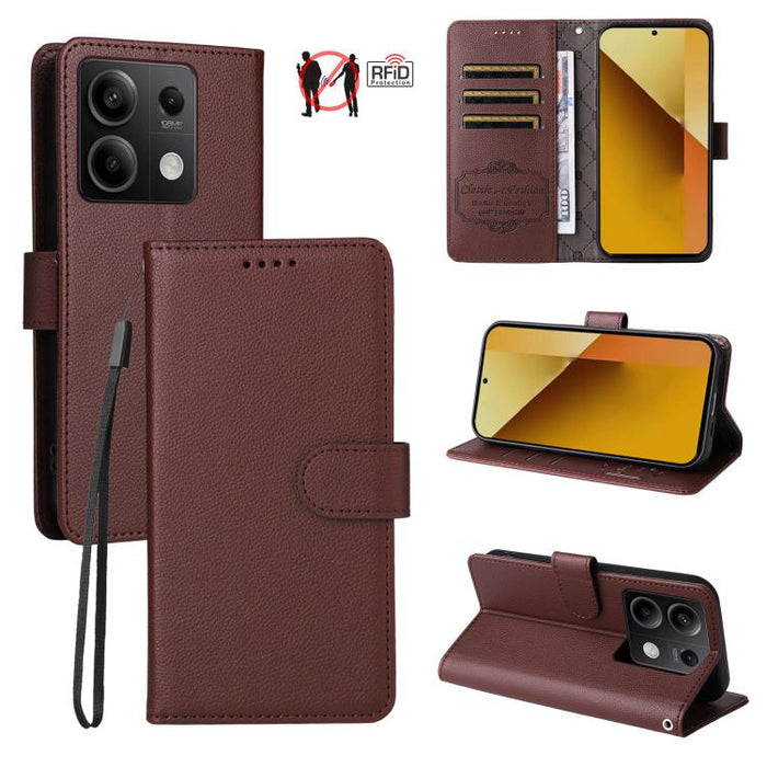 Funda de cuero para teléfono con forma de cartera de 3 tarjetas con bloqueo RFID y textura de lichi, For Redmi Note 12 Turbo / Poco F5, For Redmi 12C / 11A / Poco C55, For Redmi 10C / 10 India / 10 Power