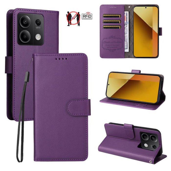 Funda de cuero para teléfono con forma de cartera de 3 tarjetas con bloqueo RFID y textura de lichi, For Redmi Note 12 Turbo / Poco F5, For Redmi 12C / 11A / Poco C55, For Redmi 10C / 10 India / 10 Power