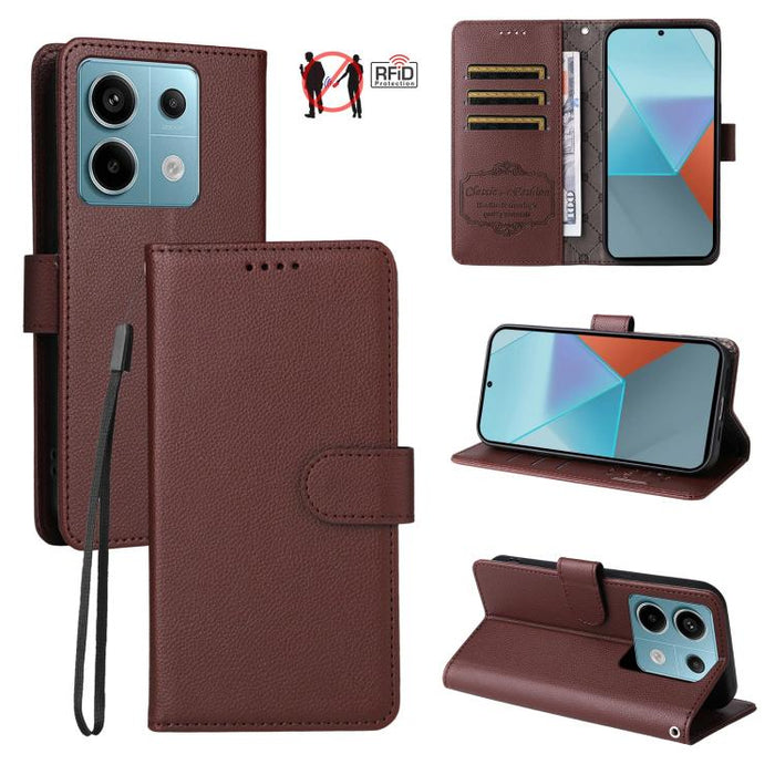Funda de cuero para teléfono con forma de cartera de 3 tarjetas con bloqueo RFID y textura de lichi, For Redmi Note 12 Turbo / Poco F5, For Redmi 12C / 11A / Poco C55, For Redmi 10C / 10 India / 10 Power