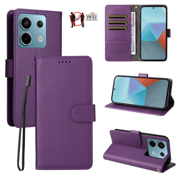 Funda de cuero para teléfono con forma de cartera de 3 tarjetas con bloqueo RFID y textura de lichi, For Redmi Note 12 Turbo / Poco F5, For Redmi 12C / 11A / Poco C55, For Redmi 10C / 10 India / 10 Power