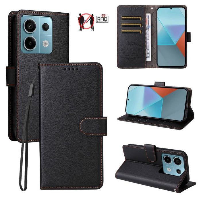 Funda de cuero para teléfono con forma de cartera de 3 tarjetas con bloqueo RFID y textura de lichi, For Redmi Note 12 Turbo / Poco F5, For Redmi 12C / 11A / Poco C55, For Redmi 10C / 10 India / 10 Power