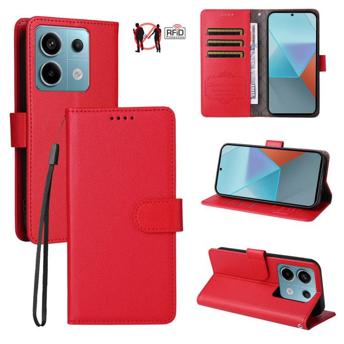 Funda de cuero para teléfono con forma de cartera de 3 tarjetas con bloqueo RFID y textura de lichi, For Redmi Note 12 Turbo / Poco F5, For Redmi 12C / 11A / Poco C55, For Redmi 10C / 10 India / 10 Power