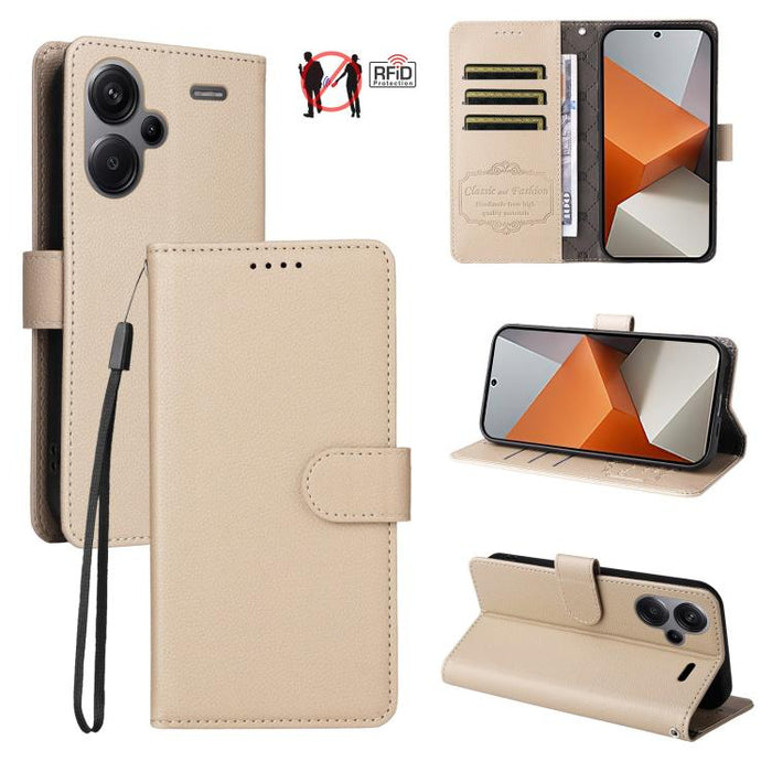 Funda de cuero para teléfono con forma de cartera de 3 tarjetas con bloqueo RFID y textura de lichi, For Redmi Note 12 Turbo / Poco F5, For Redmi 12C / 11A / Poco C55, For Redmi 10C / 10 India / 10 Power