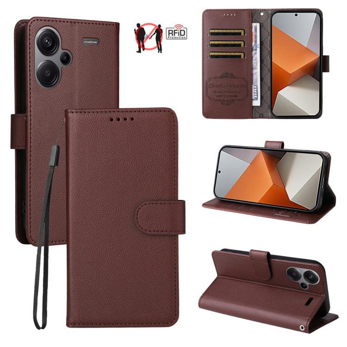Funda de cuero para teléfono con forma de cartera de 3 tarjetas con bloqueo RFID y textura de lichi, For Redmi Note 12 Turbo / Poco F5, For Redmi 12C / 11A / Poco C55, For Redmi 10C / 10 India / 10 Power