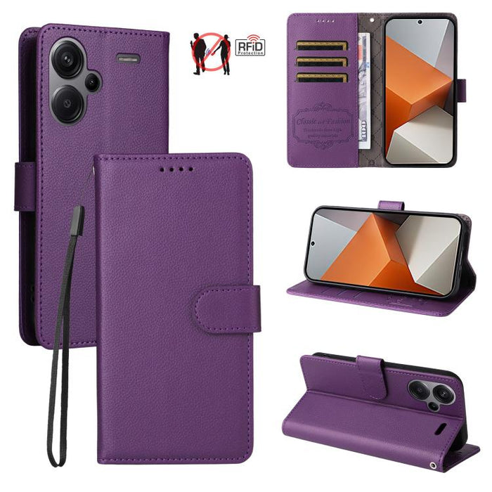 Funda de cuero para teléfono con forma de cartera de 3 tarjetas con bloqueo RFID y textura de lichi, For Redmi Note 12 Turbo / Poco F5, For Redmi 12C / 11A / Poco C55, For Redmi 10C / 10 India / 10 Power