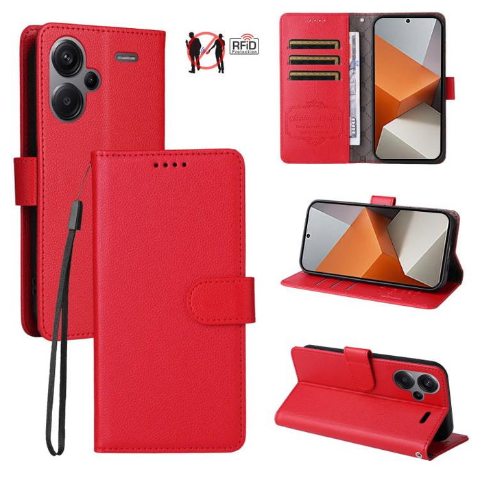 Funda de cuero para teléfono con forma de cartera de 3 tarjetas con bloqueo RFID y textura de lichi, For Redmi Note 12 Turbo / Poco F5, For Redmi 12C / 11A / Poco C55, For Redmi 10C / 10 India / 10 Power