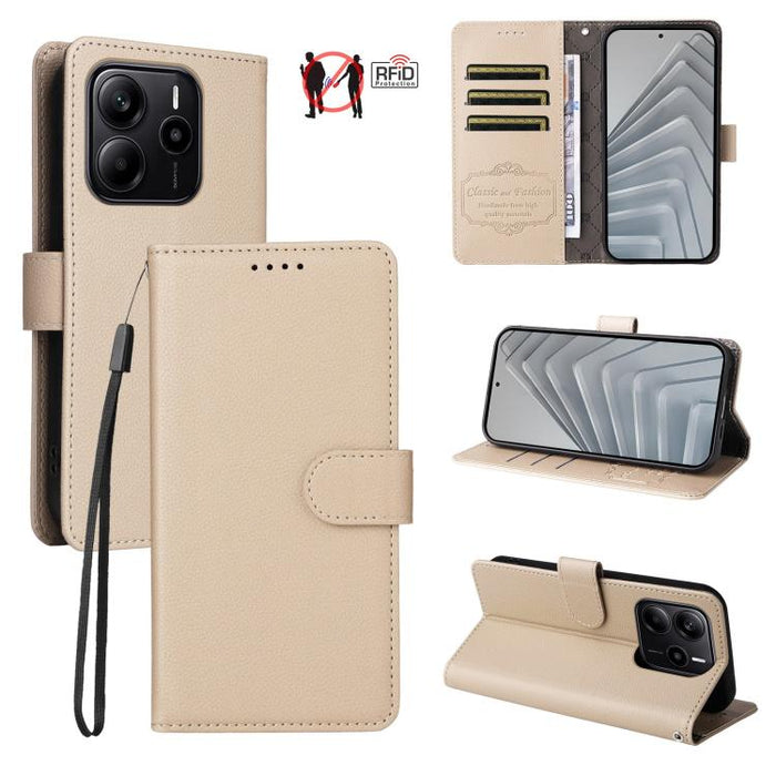 Funda de cuero para teléfono con forma de cartera de 3 tarjetas con bloqueo RFID y textura de lichi, For Redmi K80 / Poco F7 Pro, For Redmi 14C 4G / 5G / 14R / Poco M7, For Redmi Note 14 4G Global 164.84mm, For Redmi Note 14 Pro 5G / 14 Pro+ 5G        ...