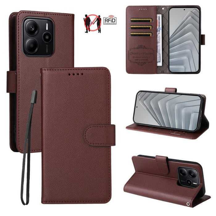 Funda de cuero para teléfono con forma de cartera de 3 tarjetas con bloqueo RFID y textura de lichi, For Redmi K80 / Poco F7 Pro, For Redmi 14C 4G / 5G / 14R / Poco M7, For Redmi Note 14 4G Global 164.84mm, For Redmi Note 14 Pro 5G / 14 Pro+ 5G        ...