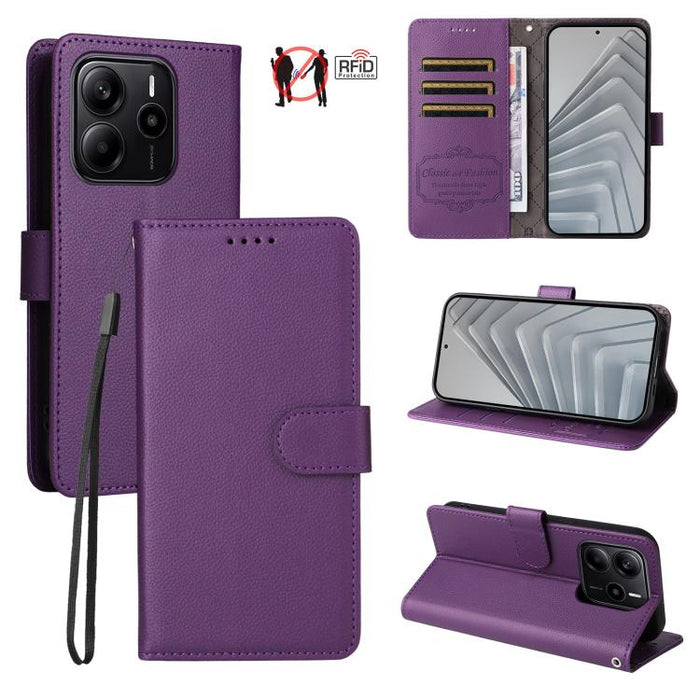 Funda de cuero para teléfono con forma de cartera de 3 tarjetas con bloqueo RFID y textura de lichi, For Redmi K80 / Poco F7 Pro, For Redmi 14C 4G / 5G / 14R / Poco M7, For Redmi Note 14 4G Global 164.84mm, For Redmi Note 14 Pro 5G / 14 Pro+ 5G        ...