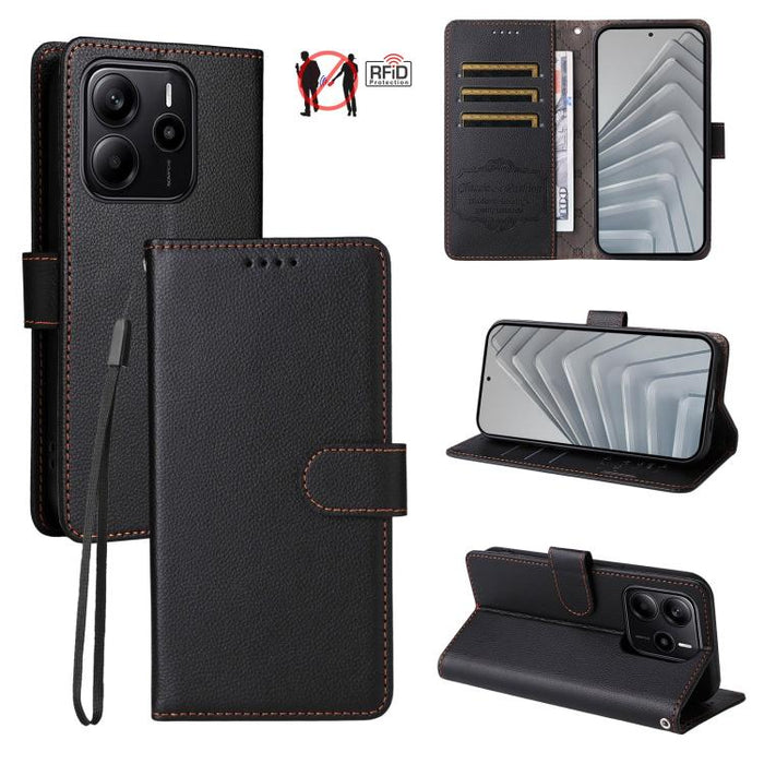 Funda de cuero para teléfono con forma de cartera de 3 tarjetas con bloqueo RFID y textura de lichi, For Redmi K80 / Poco F7 Pro, For Redmi 14C 4G / 5G / 14R / Poco M7, For Redmi Note 14 4G Global 164.84mm, For Redmi Note 14 Pro 5G / 14 Pro+ 5G        ...