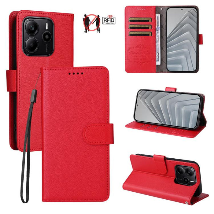 Funda de cuero para teléfono con forma de cartera de 3 tarjetas con bloqueo RFID y textura de lichi, For Redmi K80 / Poco F7 Pro, For Redmi 14C 4G / 5G / 14R / Poco M7, For Redmi Note 14 4G Global 164.84mm, For Redmi Note 14 Pro 5G / 14 Pro+ 5G        ...