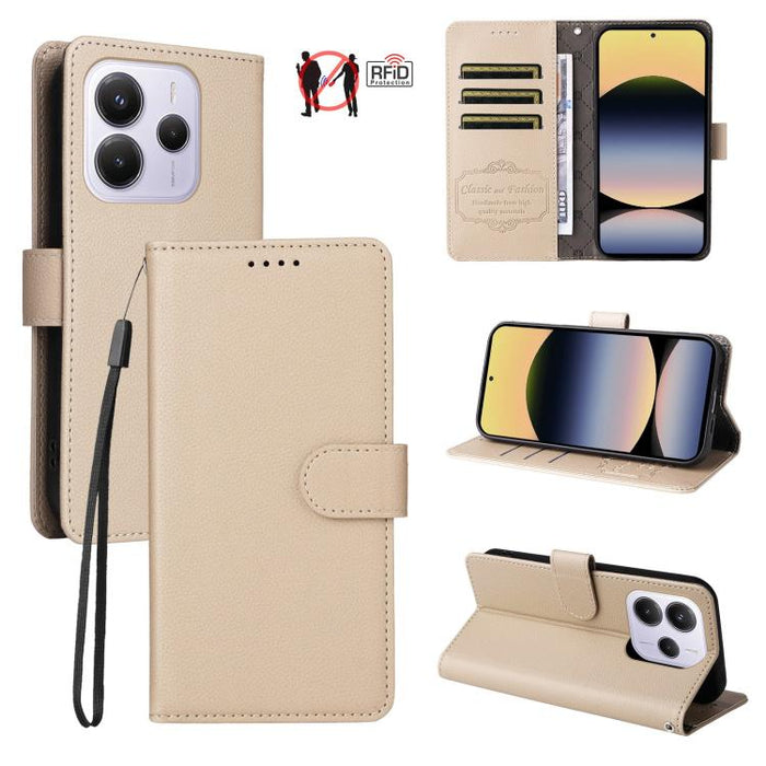 Funda de cuero para teléfono con forma de cartera de 3 tarjetas con bloqueo RFID y textura de lichi, For Redmi K80 / Poco F7 Pro, For Redmi 14C 4G / 5G / 14R / Poco M7, For Redmi Note 14 4G Global 164.84mm, For Redmi Note 14 Pro 5G / 14 Pro+ 5G        ...