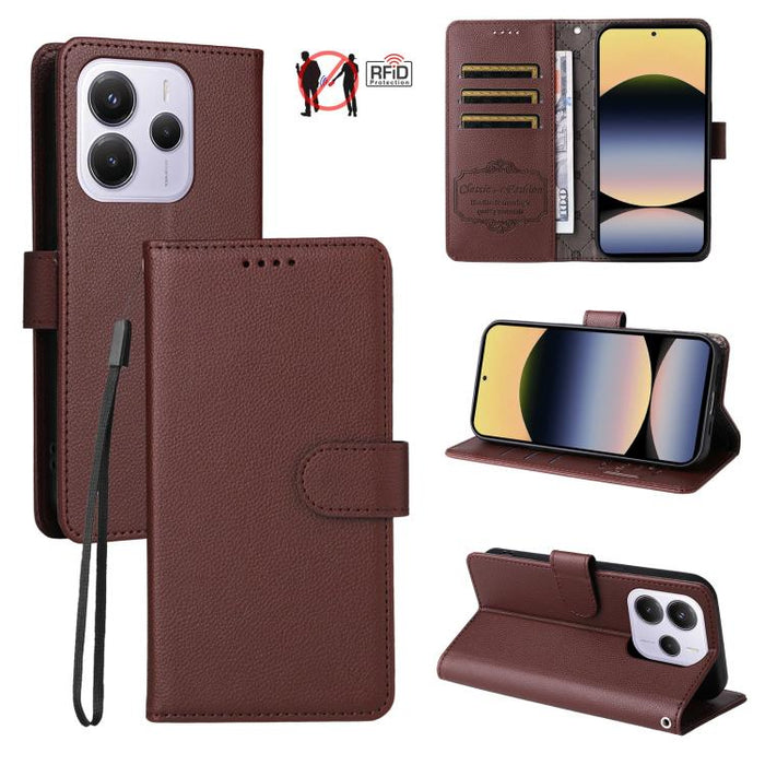Funda de cuero para teléfono con forma de cartera de 3 tarjetas con bloqueo RFID y textura de lichi, For Redmi K80 / Poco F7 Pro, For Redmi 14C 4G / 5G / 14R / Poco M7, For Redmi Note 14 4G Global 164.84mm, For Redmi Note 14 Pro 5G / 14 Pro+ 5G        ...